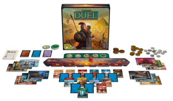 7 Wonders Duel content in the box laying out