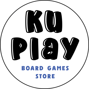 Logo of KuPlay Board Games Store featuring bold, playful typography in black and blue on a white background.