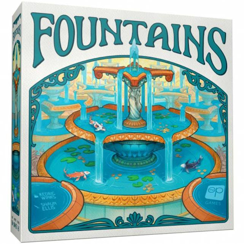 Fountains board game front of the box left angle