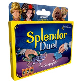 Splendor Duel: The Counterfeiters Expansion front of the box left angle